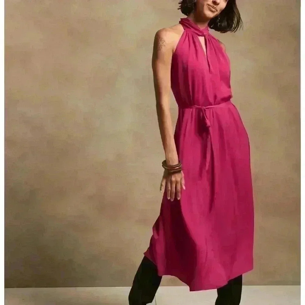 Twist-Neck Satin Midi Dress